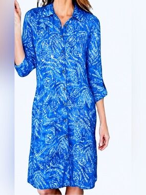 Soft Surroundings Blue Leaf Print Rayon Shirt Dress Duster Roll Tab Sleeve Sz. M